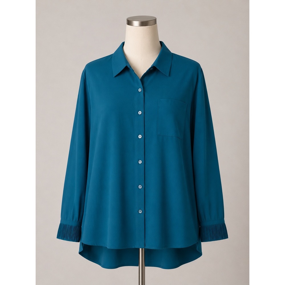 Attitudes by Renee Teal Blue Button Down Shirt Pleated Cuffs Blouse XL